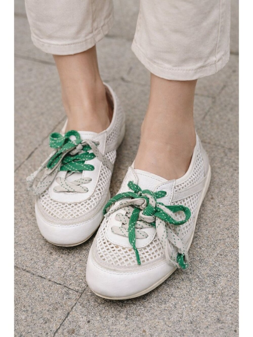 ZARA Mesh Ballet Flats White Green Lace-Up Shoes Women US 5 EU 36 Casual Summer
